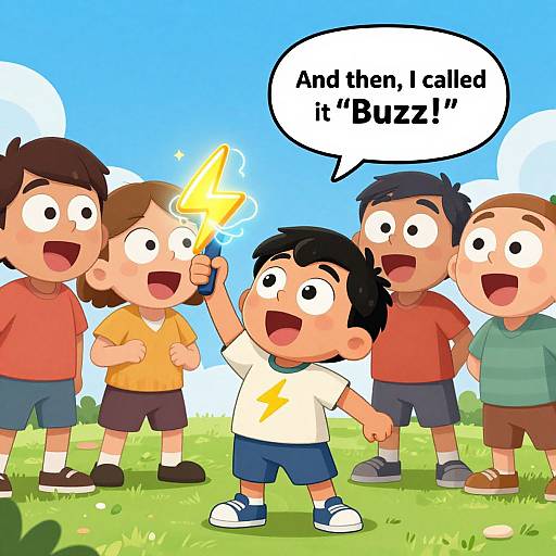 Cartoon-style drawing of five excited children with diverse skin tones and hair colors, standing on grass holding hands, with one boy holding a glowing yellow 