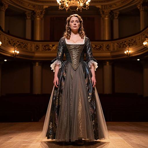 Photograph of a woman in an elaborate, Victorian-style, black and grey gown with intricate patterns, standing center stage in a grand, dimly-l