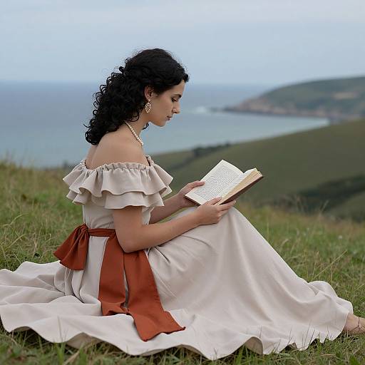 Elegant Woman Reading by the Coast