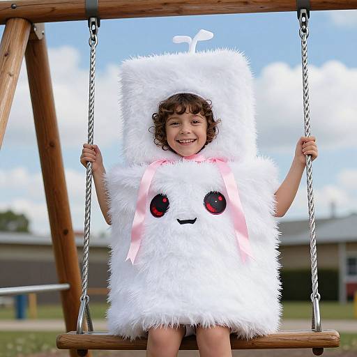 Photograph of a curly-haired child smiling, wearing a white fluffy costume with red eyes and pink ribbon, sitting on a playground swing.