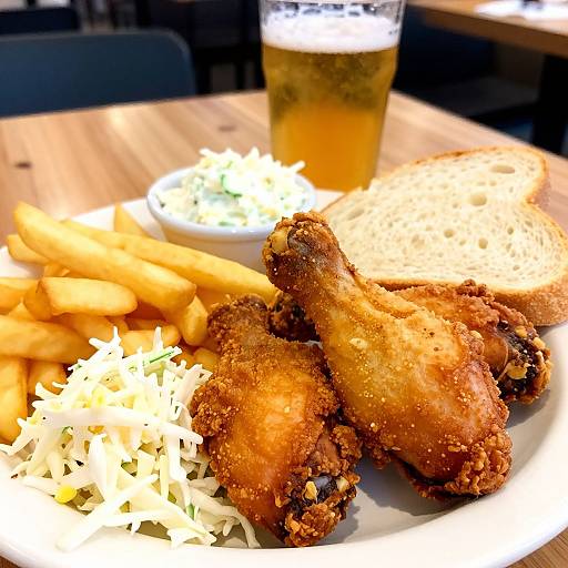 Photograph of crispy fried chicken, golden fries, white coleslaw, sandwich bun, and a glass of amber beer on a wooden table.