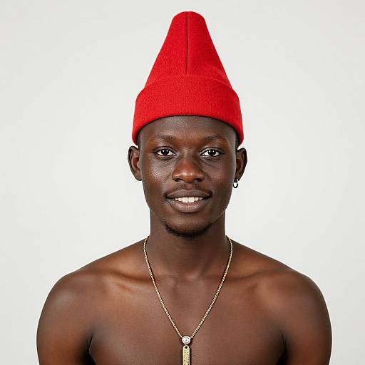 Photograph of a smiling, topless, dark-skinned man wearing a bright red, cone-shaped hat and a gold necklace against a white background.