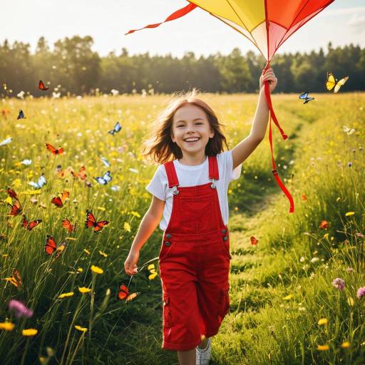 Happy Girl with Kite in Sunlit Meadow