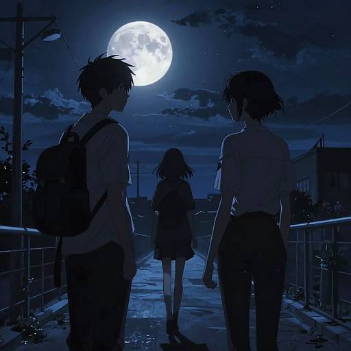 Digital anime-style drawing: Blue moonlit night, three silhouetted figures walk on a bridge, full moon behind, dark clouds, urban background