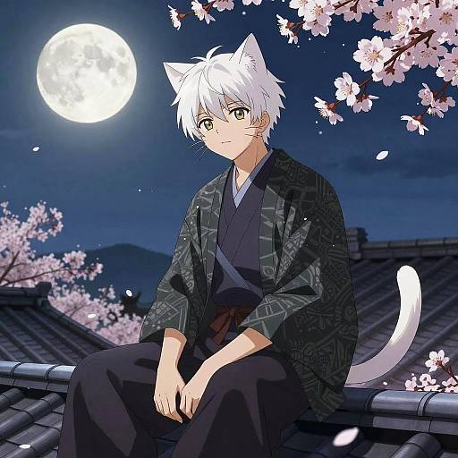 Anime-style drawing of a white-haired, cat-eared boy in a black kimono, sitting on a rooftop under a full moon, surrounded by cherry