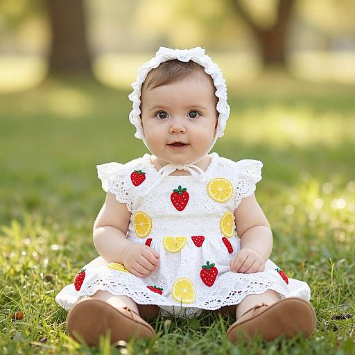 Photograph of a cute baby girl with fair skin, brown eyes, and short brown hair, wearing a white strawberry-patterned dress, white lace head