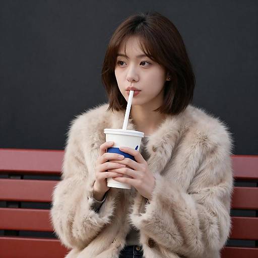 Stylish Woman in Fur Coat with Cup