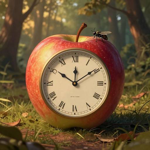 Photograph of a red apple with a clock face, black Roman numerals, and a fly on top, set in a sunlit forest.