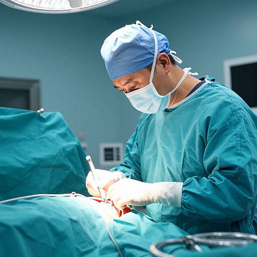 Photograph of a focused male surgeon in green scrubs, blue surgical cap, and mask, operating under bright overhead lights in a sterile operating room.