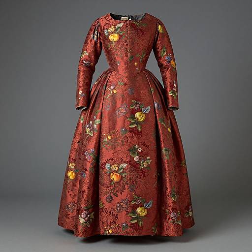 Photograph of a 18th-century, red, floral-embroidered, long-sleeved, full-skirted dress with intricate yellow