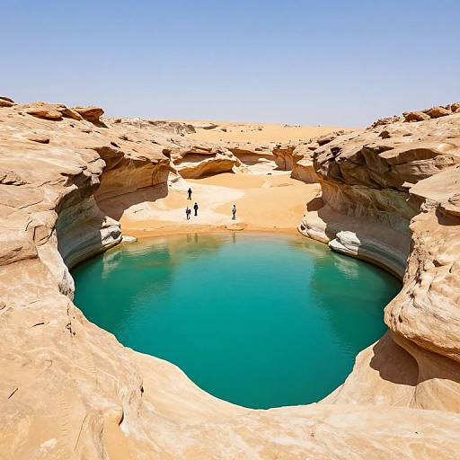 Photograph of a natural, turquoise-blue rock pool with three people standing on the sandy, beige shore, surrounded by rugged, sunlit desert cliffs under