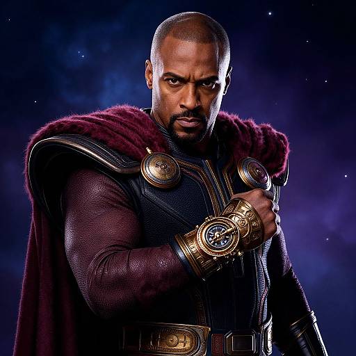Photograph of a muscular Black man with a bald head, intense expression, wearing a dark, textured superhero suit with a red fur cape, and orn
