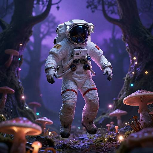 Solitary Astronaut in Bioluminescent Forest