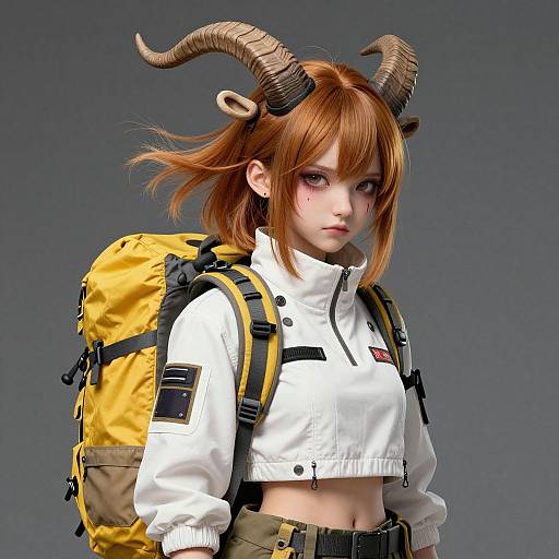 Digital artwork of an anime-style girl with red hair, brown horns, wearing a white cropped jacket, green pants, and a yellow backpack.