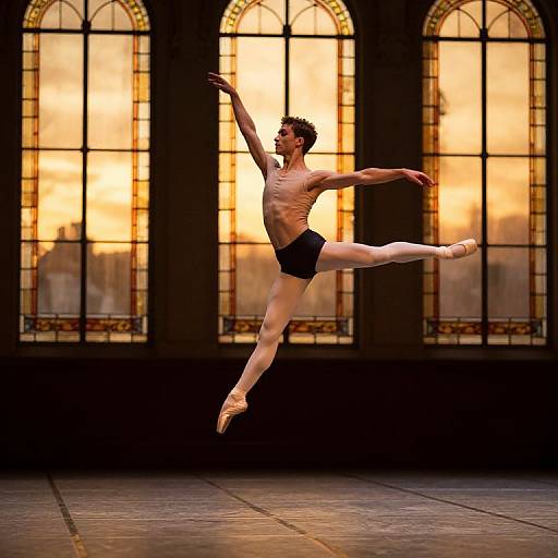 Photograph of a male ballet dancer mid-leap, wearing black briefs, against a backdrop of large, arched, glowing windows.