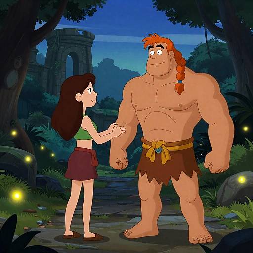 Muscular Hero and Enigmatic Woman in Jungle