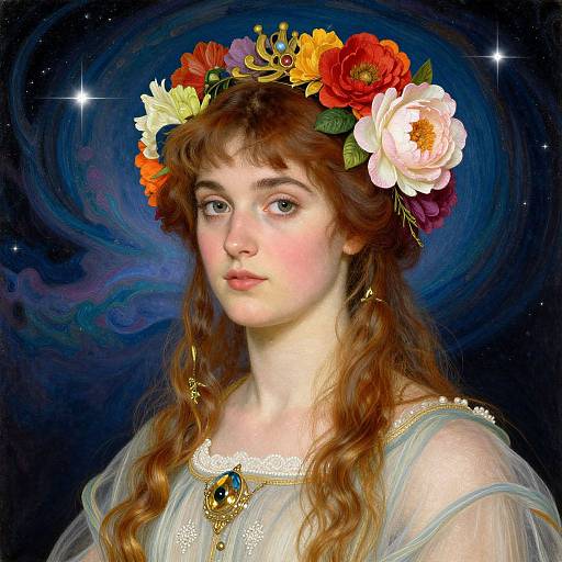 Digital painting of a fair-skinned, red-haired woman with a floral crown, wearing a sheer white dress, against a swirling blue cosmic background.