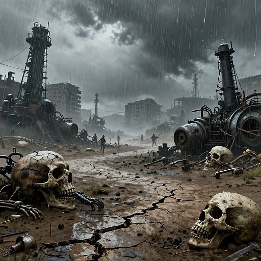 Dark, rainy, post-apocalyptic scene with broken machinery, cracked pavement, and scattered human skulls. Silhouetted figures stand in the gloomy