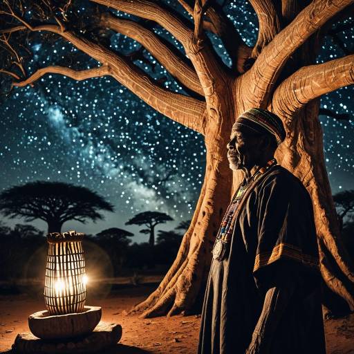 African Elder by Baobab Tree Under Starry Sky