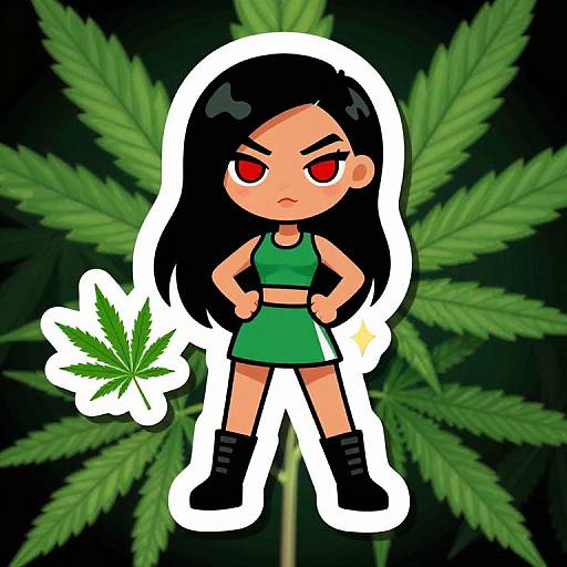 Chibi-style drawing of a fierce girl with black hair, red eyes, green crop top, skirt, and black boots, standing against a green marijuana
