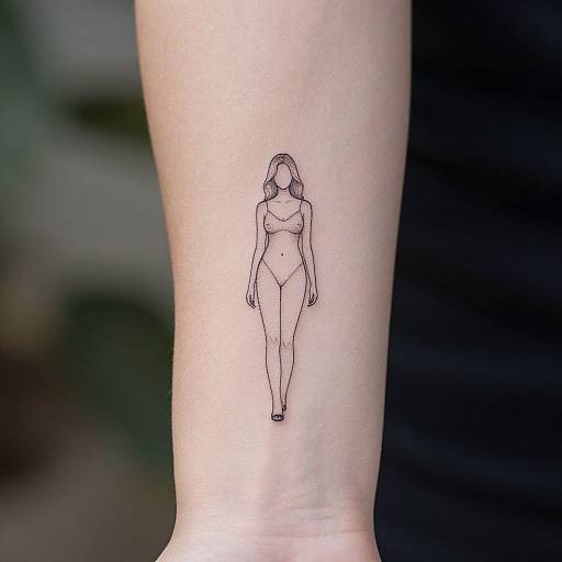 Minimalist line drawing of a woman in a bikini on a person's ankle, showcasing simple black ink on pale skin.