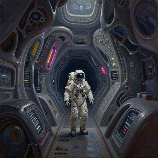 Digital artwork: A lone astronaut in a white spacesuit with a reflective helmet stands in a dimly lit, futuristic spaceship corridor with colorful control panels and