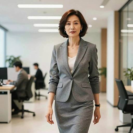 Photograph of a confident Asian woman in a gray business suit and white top, walking in a modern, brightly lit office.