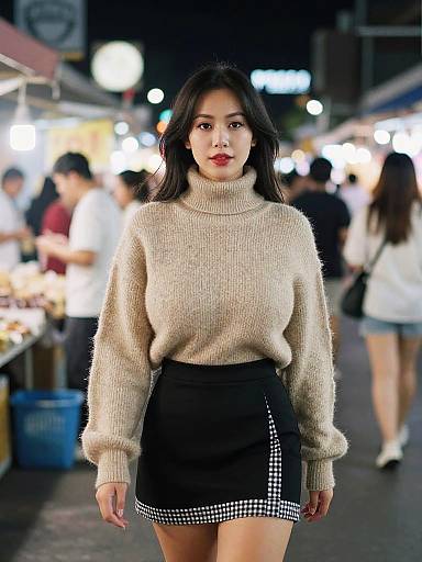 Photograph of an Asian woman with long black hair, wearing a beige turtleneck sweater and black skirt with white checkered trim, walking in a