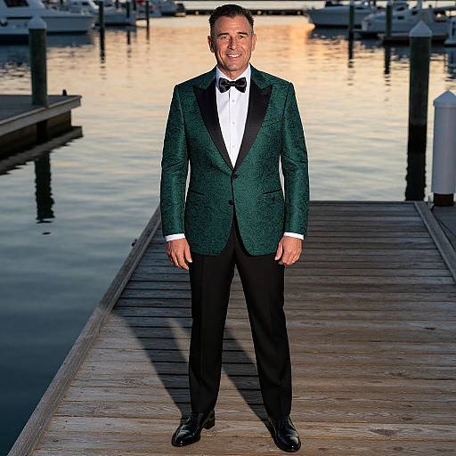 Photograph of a smiling man in a dark green velvet tuxedo, black bow tie, and white shirt, standing on a wooden dock by a