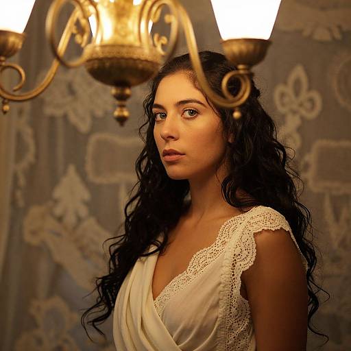 Photograph of a beautiful woman with long, wavy black hair, wearing a white lace dress, under a brass chandelier, against a patterned