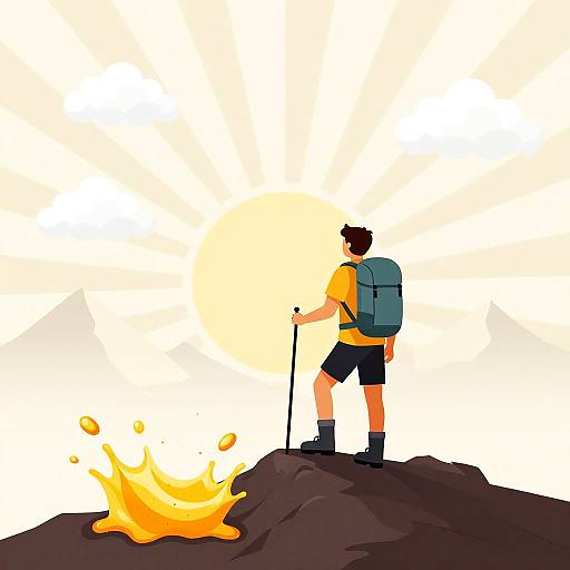 Digital illustration of a hiker in orange shirt and black shorts, blue backpack, standing on rock, using cane, facing bright yellow campfire.