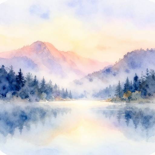 Watercolor painting of a misty lake at sunrise, with reflections of pine trees, mountains in the background, and soft pastel colors.