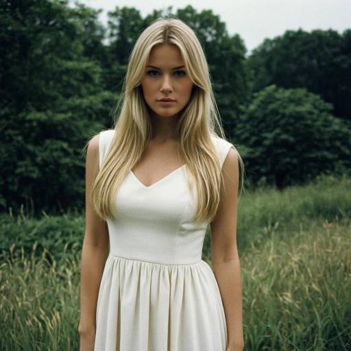 Realistic Blonde Girl in Beige Dress