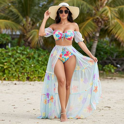 Photograph of a curvy woman with tan skin, wearing a colorful floral bikini, sheer white wrap skirt, sunhat, and sunglasses, standing on