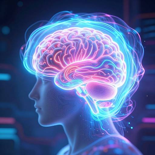 Digital artwork of a glowing, neon-blue and pink human brain profile against a dark, futuristic background. The brain's intricate, luminous patterns contrast with