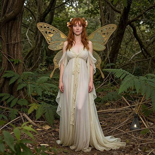 Photograph of a fair-skinned, red-haired woman in a white, off-shoulder, flowing dress with gold lace, standing in a forest