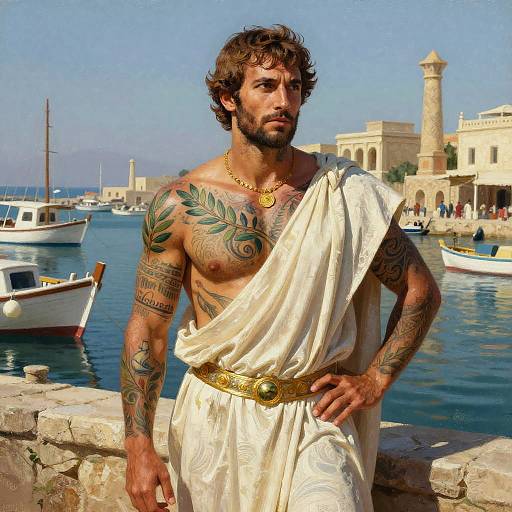 Photograph of a muscular, tattooed man with curly brown hair, wearing a white toga and gold necklace, standing by a sunny harbor with boats