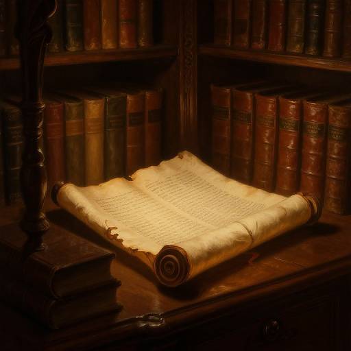 Photograph of an aged, yellowed scroll with curled edges, resting on a wooden shelf amidst a dimly lit, richly colored bookshelf.