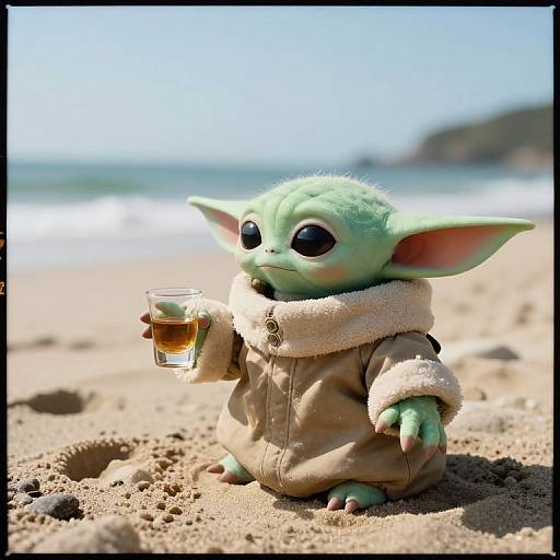 Photograph of a green, big-eyed Gollum-like creature in a beige coat and fluffy scarf, holding a glass of amber liquid on a sunny