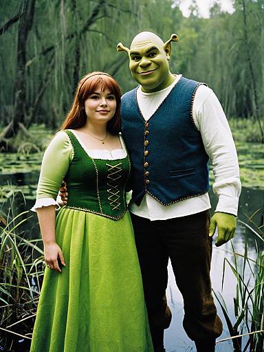 Couple in Shrek and Fiona Costumes in Swamp
