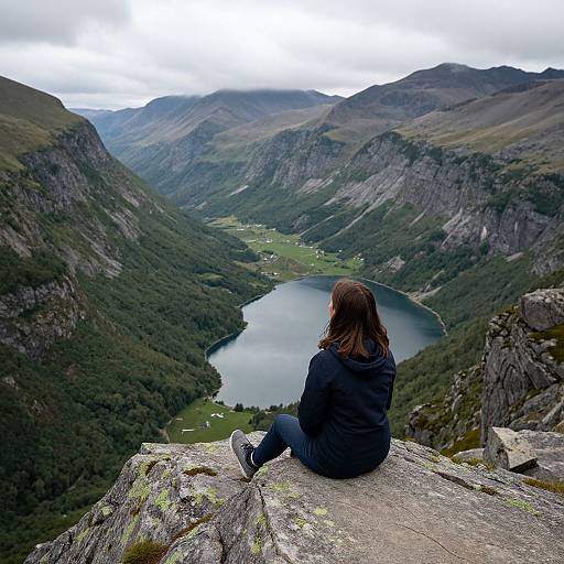 Photograph of a woman with brown hair in a black jacket and blue jeans, sitting on a rocky ledge, overlooking a serene mountain lake surrounded by lush