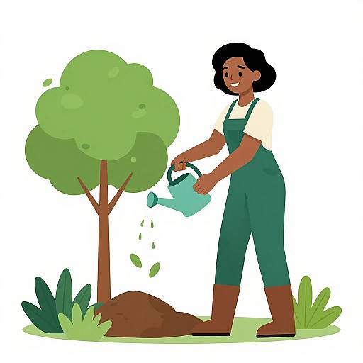 Cartoon illustration of a smiling Black woman with short curly hair, watering a small tree with a blue watering can. She wears green overalls and a