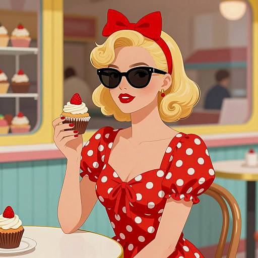 Retro Café Scene with Glamorous Woman