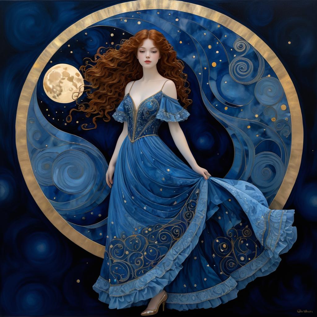 Mystical Girl in Moonlit Blue Gown