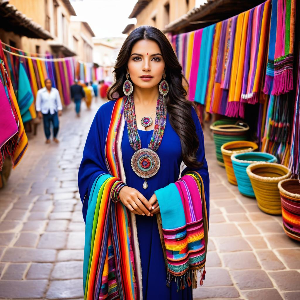 Elegant Mexican Woman in Vibrant Market Scene