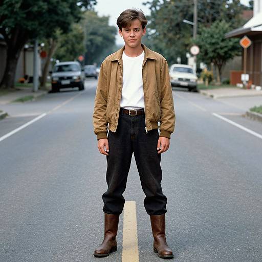 Photograph of a young man with brown hair, standing on a suburban street, wearing a tan jacket, white shirt, black pants, and brown boots