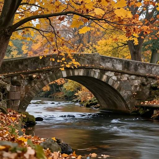 Photograph of a stone arch bridge over a flowing stream, surrounded by vibrant autumn leaves in yellow and orange, with trees in the background.