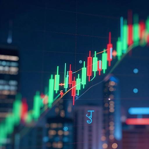 Photograph of a neon-lit, colorful stock market graph with red and green bars, set against a blurred city skyline at night.