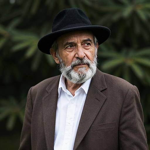 Thoughtful Elderly Man in Hat and Suit