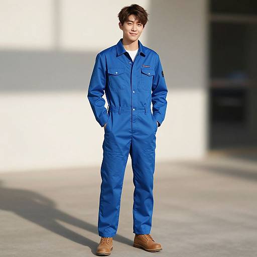 Photograph of an Asian man with short brown hair, wearing a blue mechanic jumpsuit, white shirt, and brown work boots, standing confidently with hands